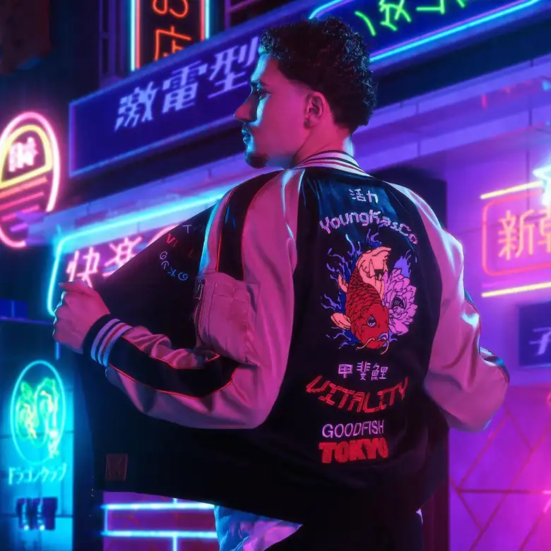 Veste souvenir Dropshirt, brodée, photographiée en studio